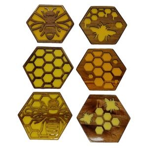 Bee Resin And Wood Coasters Set Of 6 Honeycomb Epoxy Design Farmhouse Decor